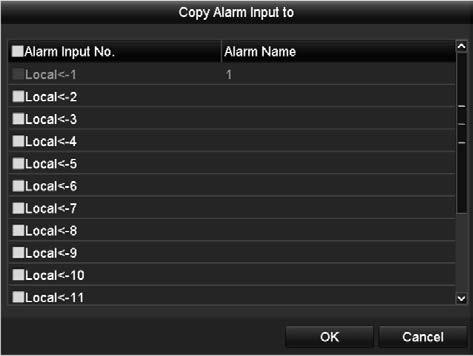 6) Check the checkbox to select channel. 7) Click Apply to save settings. 8) Click OK to back to the upper level menu. Repeat the above steps to configure other alarm input parameters.