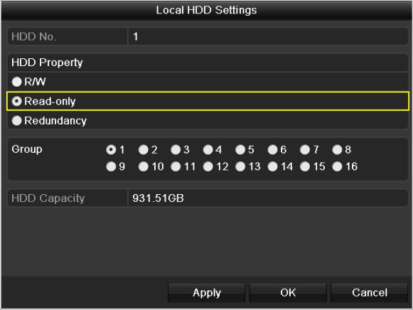 To edit HDD property, you need to set the storage mode of the HDD to Group. See Chapter 10.4 Managing HDD Group. 1. Enter HDD setting interface. Menu> HDD Figure 5. 30 HDD General 2.