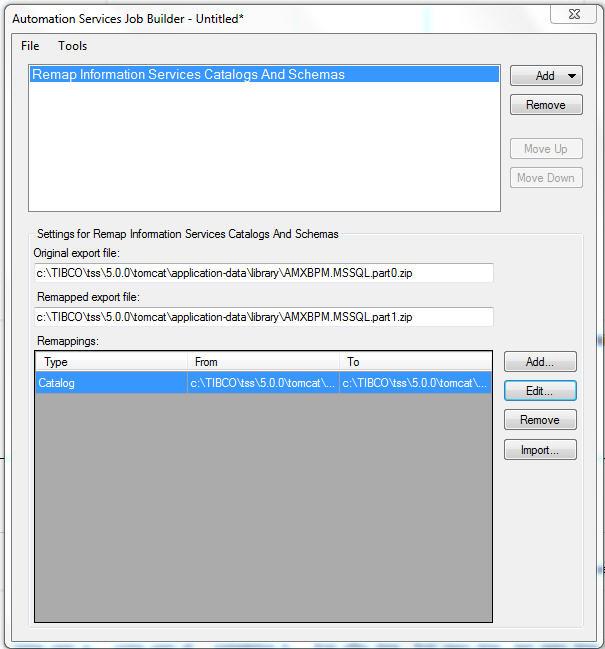 14 9. In the To box, type the name of your BPM database schema and click OK to close the dialog. The Automation Services Job Builder dialog should look similar to the one below. 10.