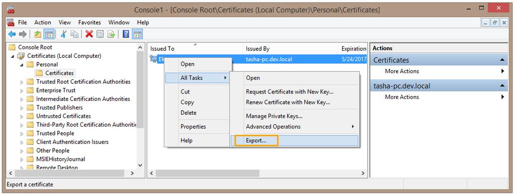 Server and Database 10. The Certificate Export Wizard opens. 11. On the Certificate Export Wizard Welcome page, click Next. 12.