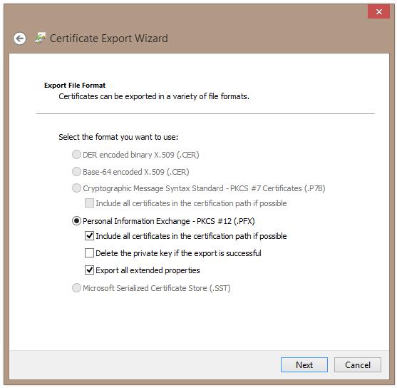 On the Export File Format page, select the following options : Personal Information Exchange Include all certificates in the certification path if possible Export all extended