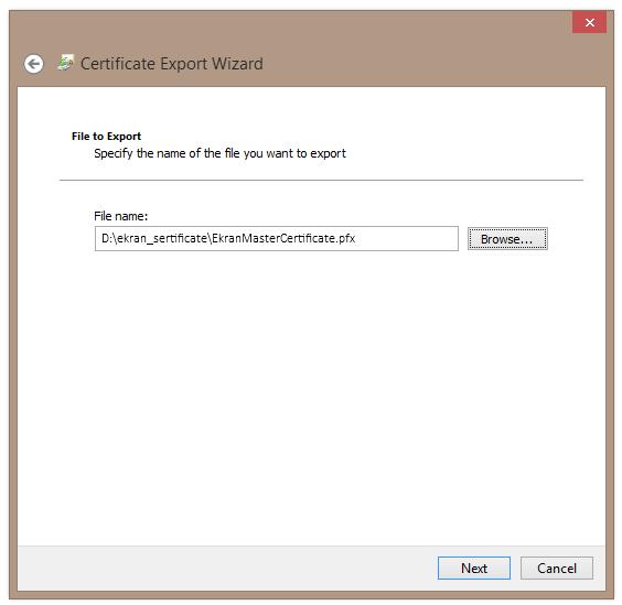 Server and Database 16. On the File to Export page, specify the location to store the certificate and the certificate name manually or click Browse, and click Next. 17.