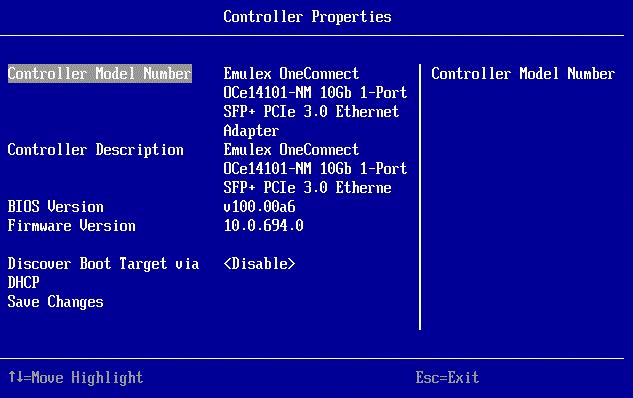 12. Configuring UEFI for iscsi Viewing the Controller Properties 170 Figure 12-3 Controller Properties Screen The Controller Properties screen displays the model number, description, BIOS version,