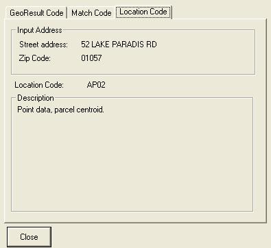 MapMarker User Interface Reference Location Code dialog The Location Code dialog of the Status Codes shows the location code with details on the meaning of the code and how the code was generated.