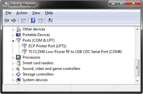 Next to the name should be the port number (for example, the CC2540USB Dongle uses COM8 in Figure 9).