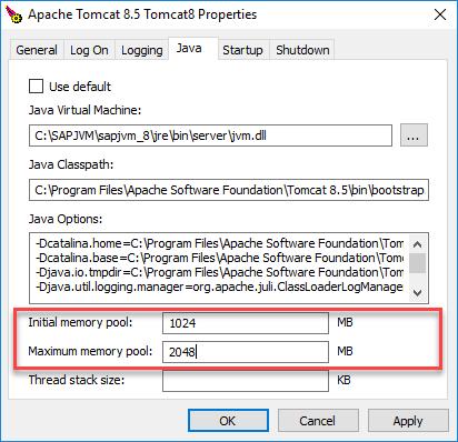 4. In the Tomcat properties directory, navigate to the Java tab and increase the Initial Memory Pool and Maximum Memory Pool values to 1024MB and 2048MB respectively.