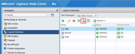 2 Select a logical switch and remove any attached virtual machines by clicking the Remove Virtual Machine icon. For example: 3 With the logical switch selected, click the Delete ( ) icon.