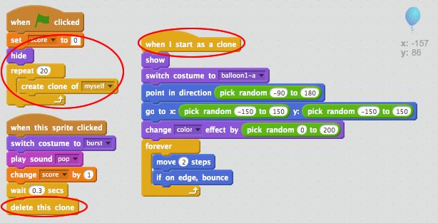 Your balloon code should now look like this: Test your project! Now when the flag is clicked, your main balloon sprite will hide and then clone itself 20 times.