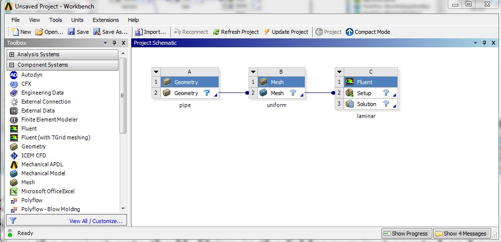 3.3. Drag and drop two Mesh components and two Fluent components into the schematic as shown below.