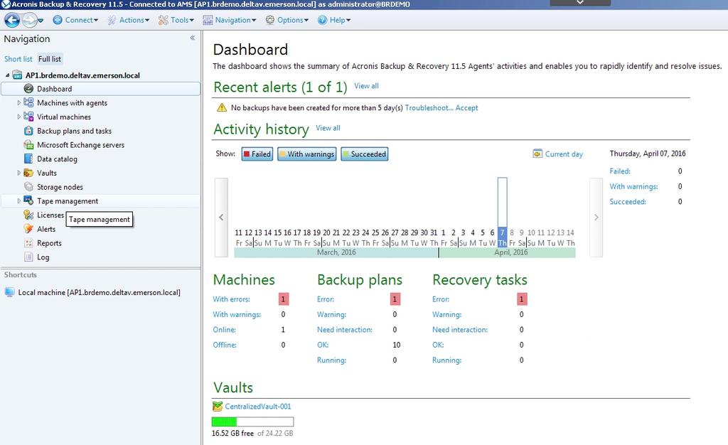 Figure 4 Backup and Recovery user interface Dashboard view. A single license server can be used to manage the licensing of all the backup agents.