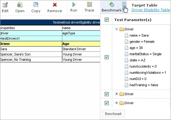 Editing and Testing Functionality For a Test table, select the test cases as follows: 1. Open the desired Test table. Figure 102: Controls for measuring performance 2.