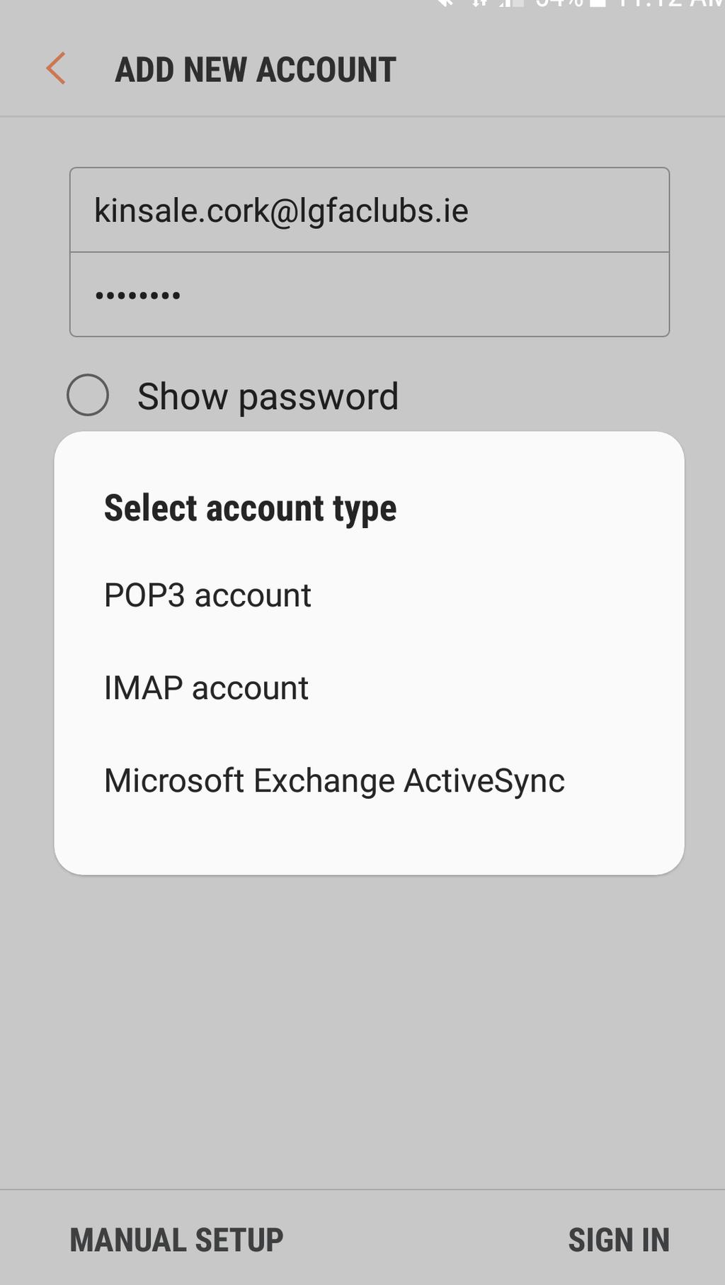 lgfaclubs.ie From Settings tap Accounts. Create new email account Tap Add a New Account. Enter email address & password > Tap Manual Setup. Select server type Tap IMAP ACCOUNT.