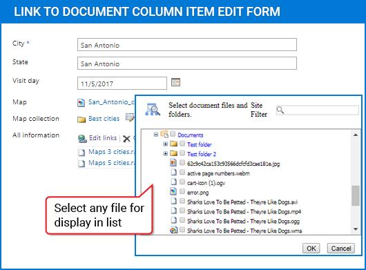 Feature List Feature Lookups documents and folders from Document Library in all sites within site collection Allows single and multiple selection Provides ability to edit link display text Provides
