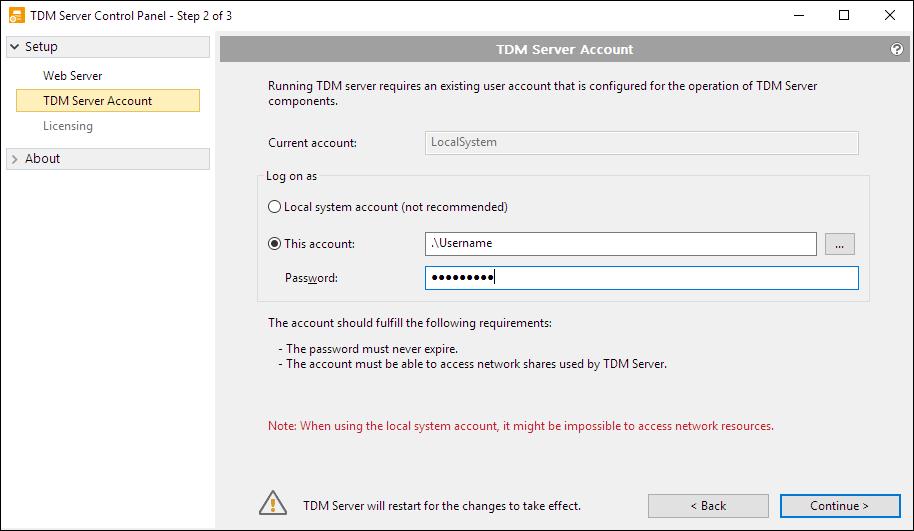 19. Select This account and enter appropriate Windows credentials if you want to