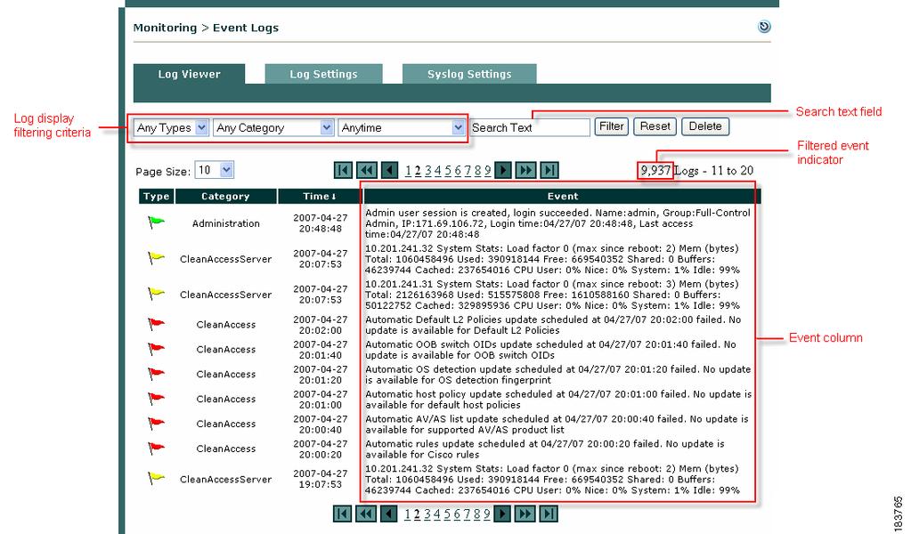 Interpreting Event Logs Chapter 13 Interpreting Event Logs Click the Event Logs link in the Monitoring module to view syslog-based event logs in the admin console.