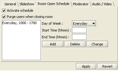 Figure 1. Room Open Schedule Panel Moderator Settings A room can be configured as a moderated room. In a moderated room, messages from users do not go straight back to the room.