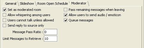 Queue Messages Send reply to source only Message Pass Ratio This setting affects where messages are directed when there are no moderators in the session.