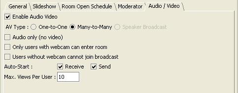 Figure 1. Room Audio/Video settings Function Enable Audio/Video AV Type Audio Only Only users with webcam can enter Description Check this if you want the room to be an Audio/Video room.