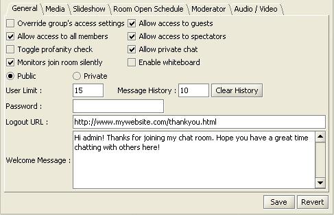 Welcome Message Message that will be displayed whenever a user logs into a room. Figure 1. Room general settings Media Settings This panel determines the multimedia settings for the room.
