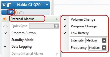 How To Manage Internal Alarms Internal alarms are available on Naída CI Q30, Q70, and Q90 processors to indicate Volume Change, Program Change, and Low Battery. To enable/disable Internal Alarms, 1.