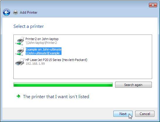 c. When all printers are discovered, the Select a printer screen opens. If the desired printer is displayed in the search list, select Printer on Computername and click Next.