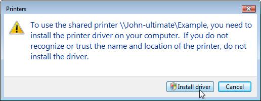 Select the radio button Select a shared printer by name and type \\computername\printer, where computername is the name of the computer with the connected printer and printer is the name of the