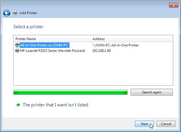 e. The Searching for available Printers screen appears. When all printers are discovered, select Printer name on ComputerName in the Select a printer screen and click Next. f. To find a printer by name or TCP/IP address, select The printer that I want isn t listed.