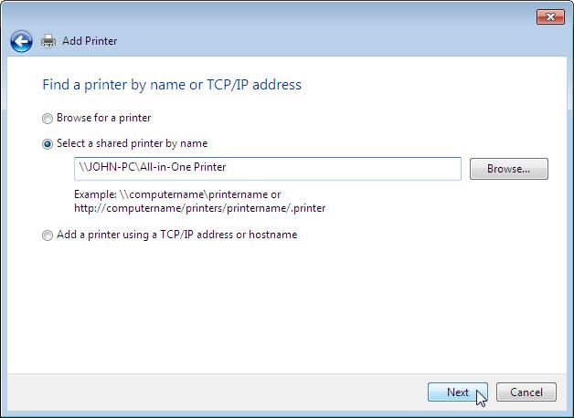 g. Click Select a shared printer by name and type \\computername\printer, where