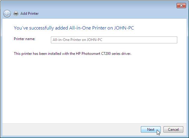 i. When the You ve successfully added a printer screen appears, click Next and Finish to close the Add