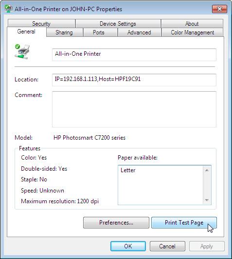 test page. a. In the Devices and Printers window, right-click the printer > Printer properties. b.