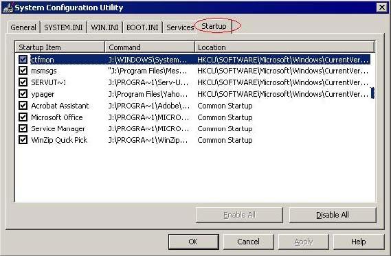 Note: The System configuration utility can be open with: Start->Run->Enter msconfig->ok.