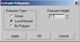 11 Press and hold Ctrl, and then click the Polygon button to convert the edge selection to a poly selection. 12 On the Edit Polygons rollout, click the Extrude Settings button.