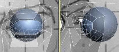 Insert the eyeballs and refine the upper eyelids: 1 Create a primitive geosphere and place it following the reference images. Adjust its size approximately.