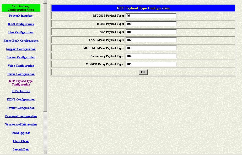 4.3.9 RTP Pay Load Type Configuration Click [RTP Payload Type Configuration] in the navigation panel and open the [RTP Payload Type Configuration] Screen.