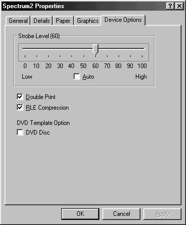 Printer Driver Settings: Win 98 The key printer driver settings for the Spectrum2 CD printer are: Strobe Setting (controls lightness and darkness of label) Color or Black Ribbon selection.