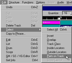 Selecting Parts using the Edit menu On the Edit menu you will find an item called Select which brings up a sub-menu with a number of options that allow you to select all Parts on a Track, all Parts