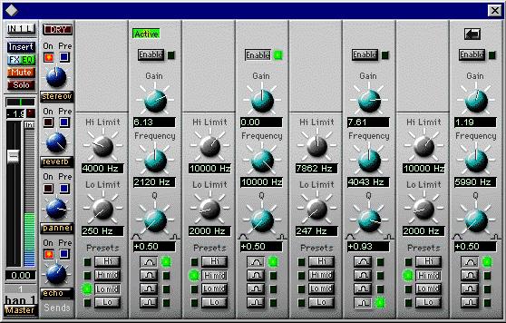 The EQ and Effect windows For each audio channel in Cubase VST, you can have up to four bands of parametric equalization.