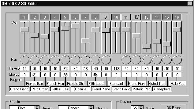 Setting Levels and Pan You can use the Mixer section in the GM/GS/XG Editor, to set levels, pans, etc for each MIDI channel.