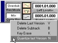 Cycle Recording Functions These functions are found on a pop-up menu that appears when you press the mouse button with the pointer over the Cycle Rec text on the Transport bar, while recording in