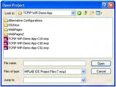 Figure 14: Open Project dialog Select the appropriate.mcp file for your development board. For the PICDEM.net 2 board with the PIC18 MCU, select TCPIP Wifi Demo App-C18.mcp. For the Explorer 16 board, select TCPIP Wifi Demo App-C30.