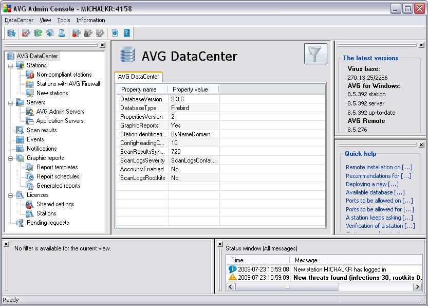 6.2. AVG Admin Console Interface Overview The AVG Admin Console interface is completely customizable allowing users to move or enable/disable individual panels according to their needs.
