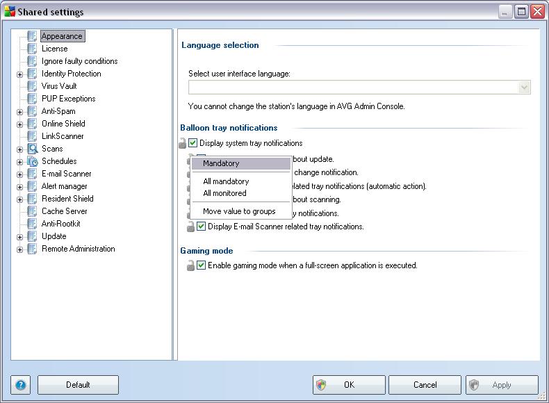 10. Configuration This chapter contains a description of configuration options for different parts of AVG 9.0 Anti-Virus Business Edition. 10.1. Shared Settings for Stations/Groups This dialog allows you to define shared settings for stations.