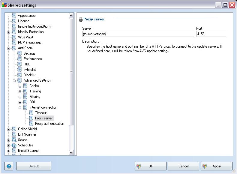 Server settings dialog, UpdateProxy tab. The Anti-Spam updates can be also changed manually from the Shared settings.