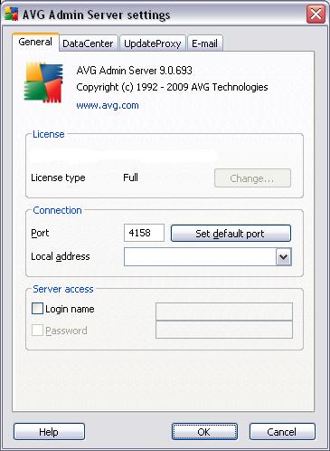 Server settings allows you to set up the AVG Admin Server configuration.