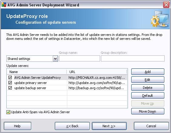 In this dialog, you have the option to add the currently deployed AVG Admin Server URL into the list of update servers applicable for station settings.