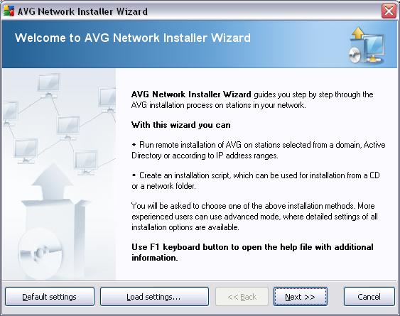 5.1. Welcome If you have already used the AVG Network Installer Wizard before and saved a customized configuration into a configuration file (available in the final step), you can load the settings