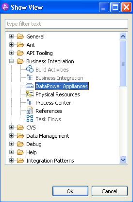 Important: Depending on the options selected when Integration Designer was installed, the path to the DataPower Appliances view is different: Window Show View Other, then select Business Integration,