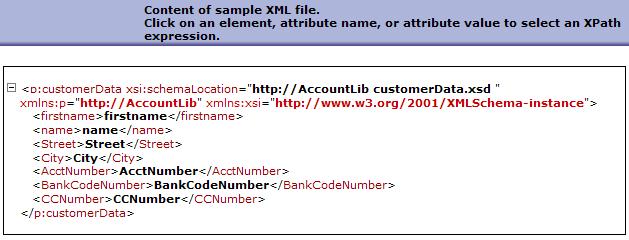 c. In the pane that shows the content of the XML file, click the value p:customerdata to select an XPath expression, as shown in Figure 36.