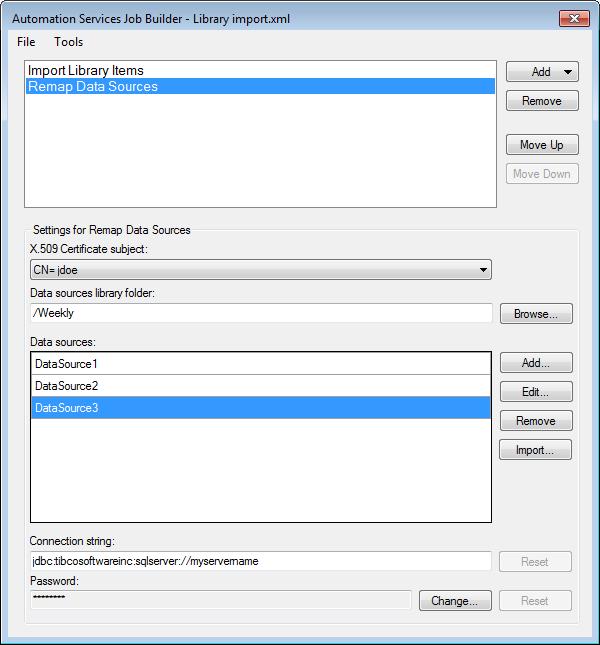 Option X.509 certificate subject Data sources library folder Browse... Description Select a valid X.509 certificate. This is used to protect the security of the passwords used to connect to data sources when exporting and importing them.