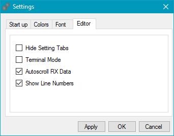 once applied, deletes the TX and RX buffer texts. By changing only the Editor settings via the main Menu, the TX and RX buffer texts keep the data content. Figure 8: Editor pane.
